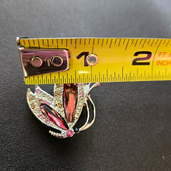 Vintage Rhinestone Butterfly Brooch Pink Amber Crystal Wings Gold Tone Pin 1.5" - Picture 4 of 5